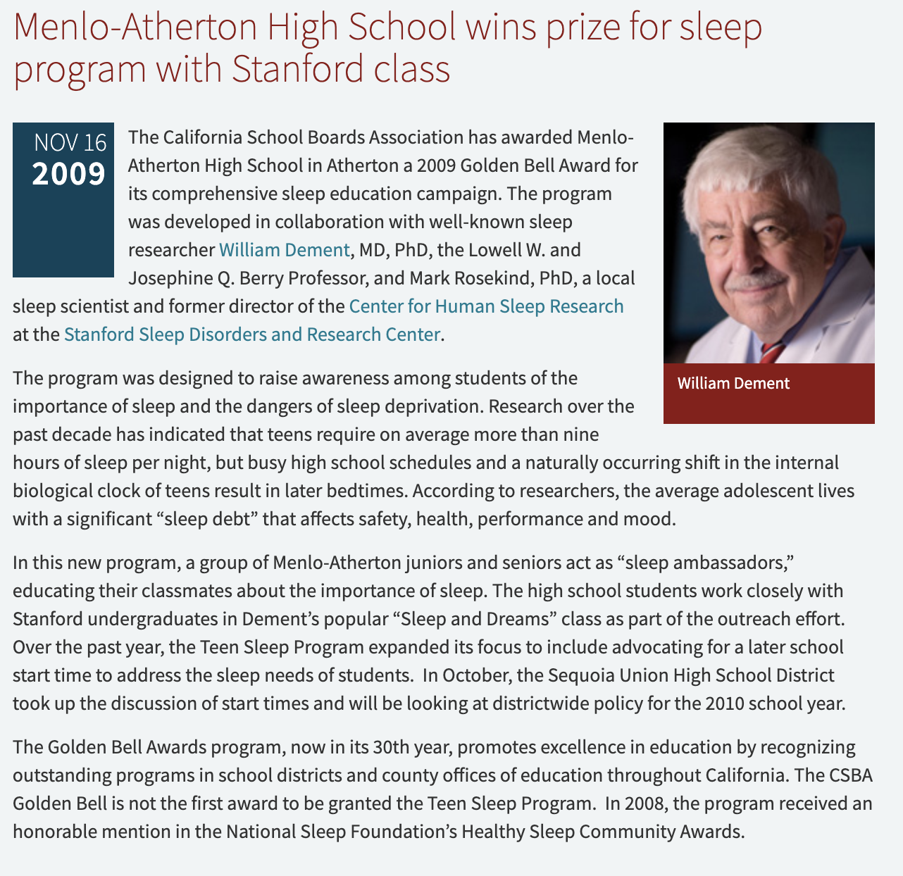 Menlo-Atherton High School wins prize for sleep program with Stanford class