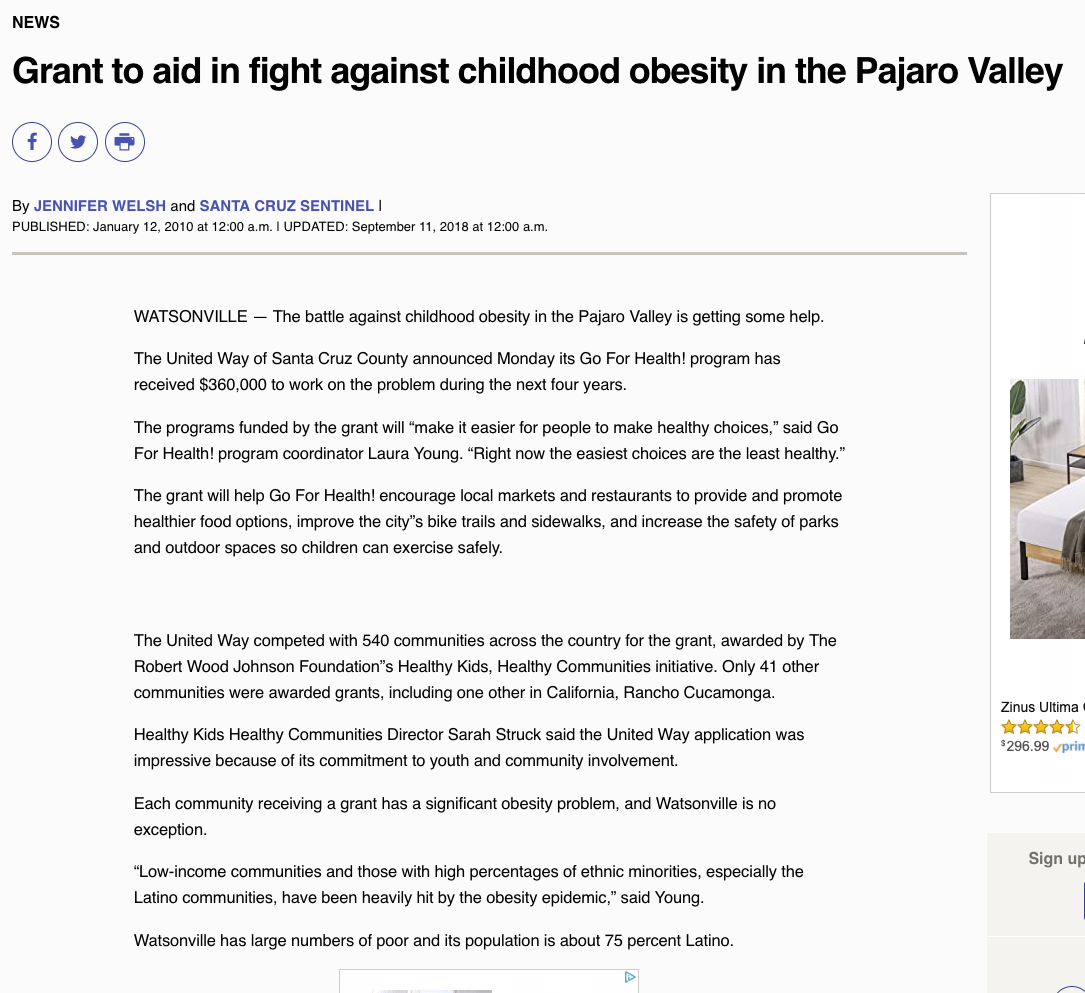 Grant to aid in fight against childhood obesity in the Pajaro Valley