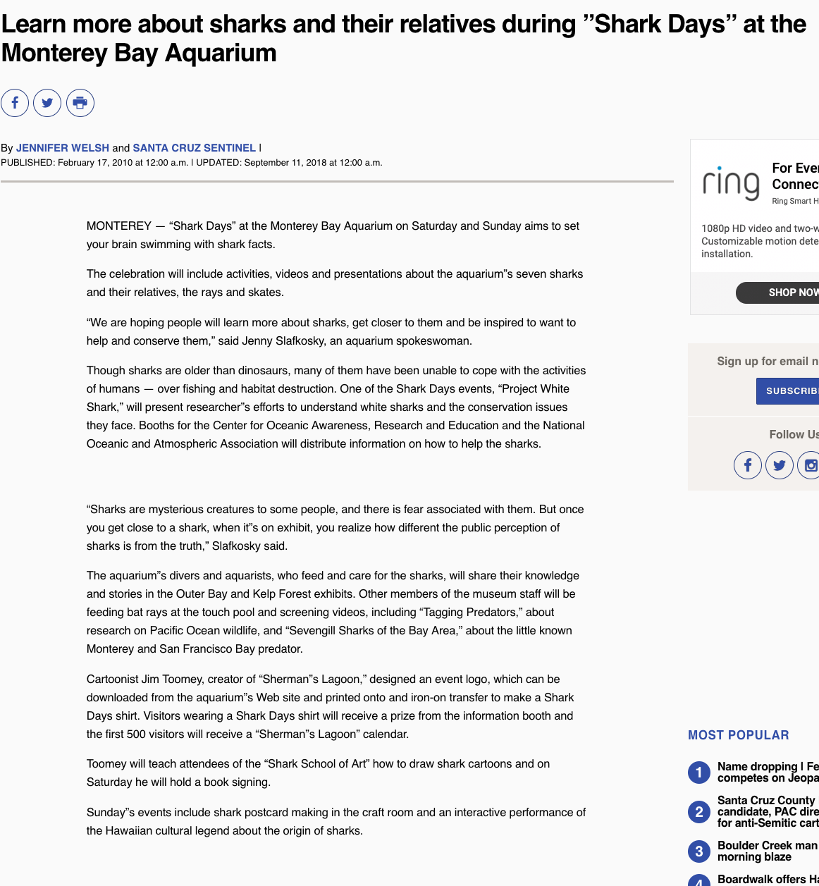 Learn more about sharks and their relatives during “Shark Days” at the Monterey Bay Aquarium