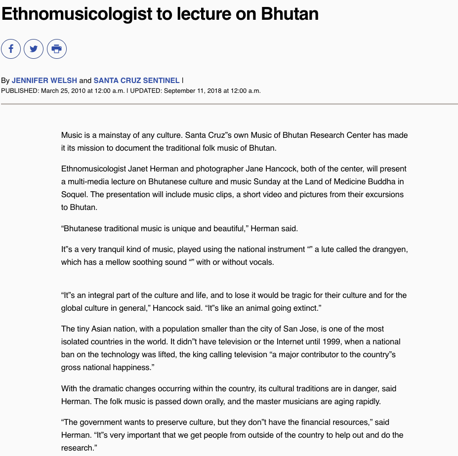 Ethnomusicologist to lecture on Bhutan