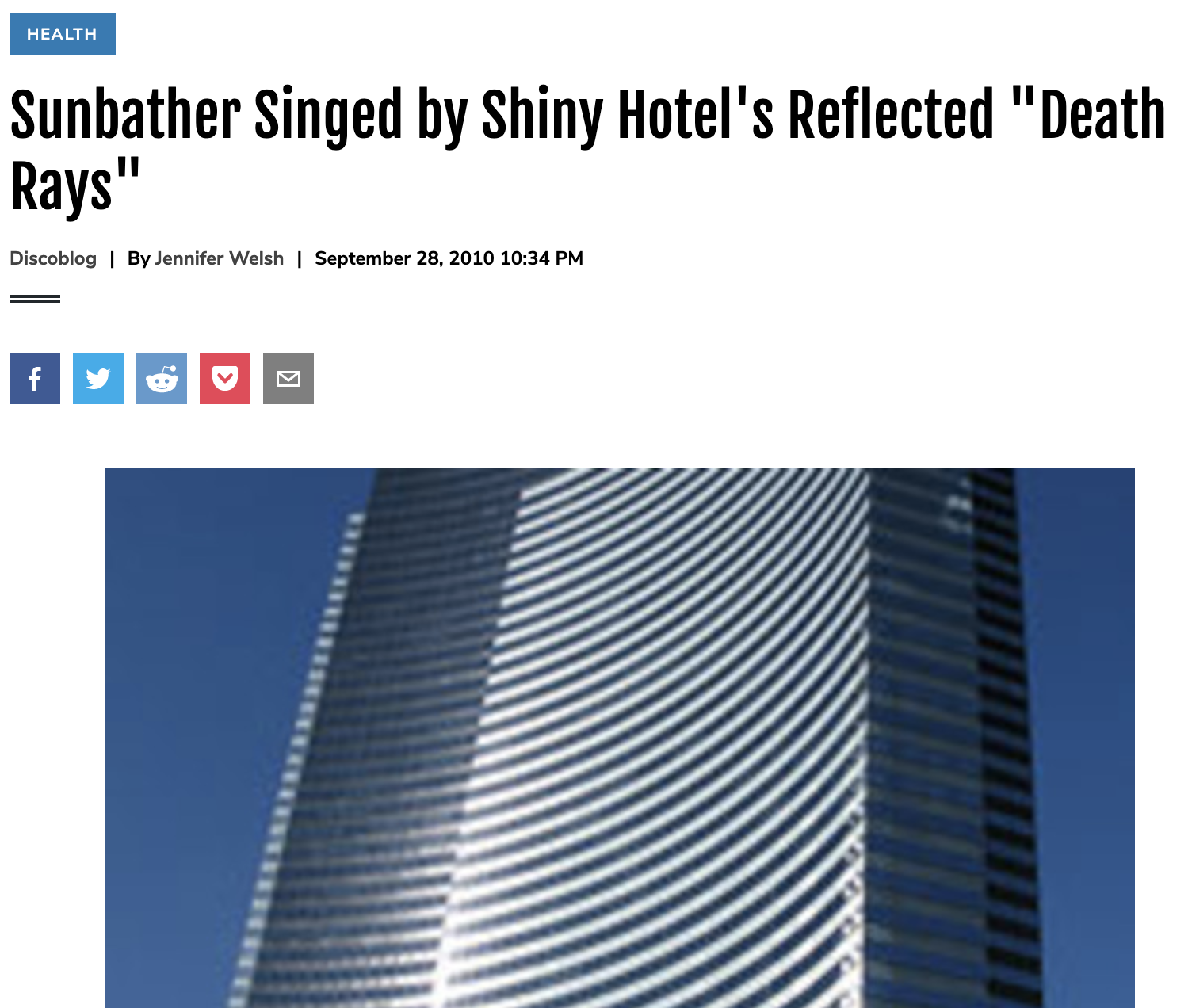 Sunbather Singed by Shiny Hotel’s Reflected “Death Rays”