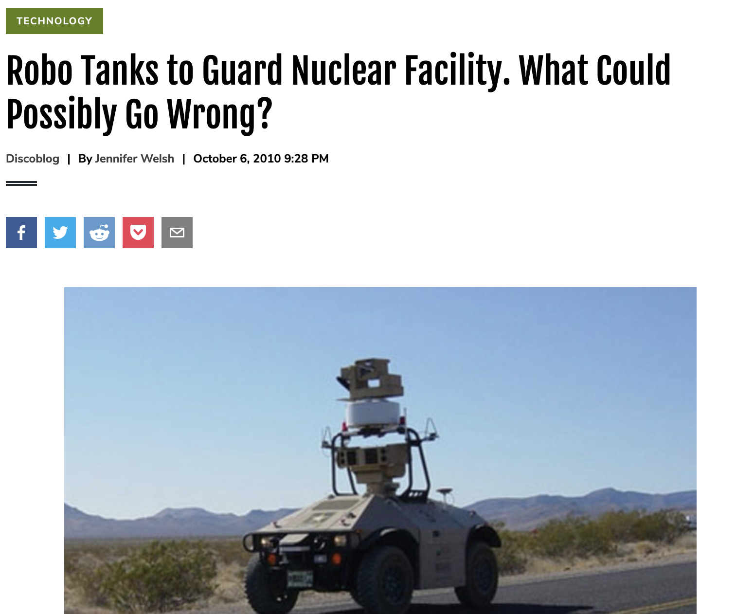 Robo Tanks to Guard Nuclear Facility. What Could Possibly Go Wrong?