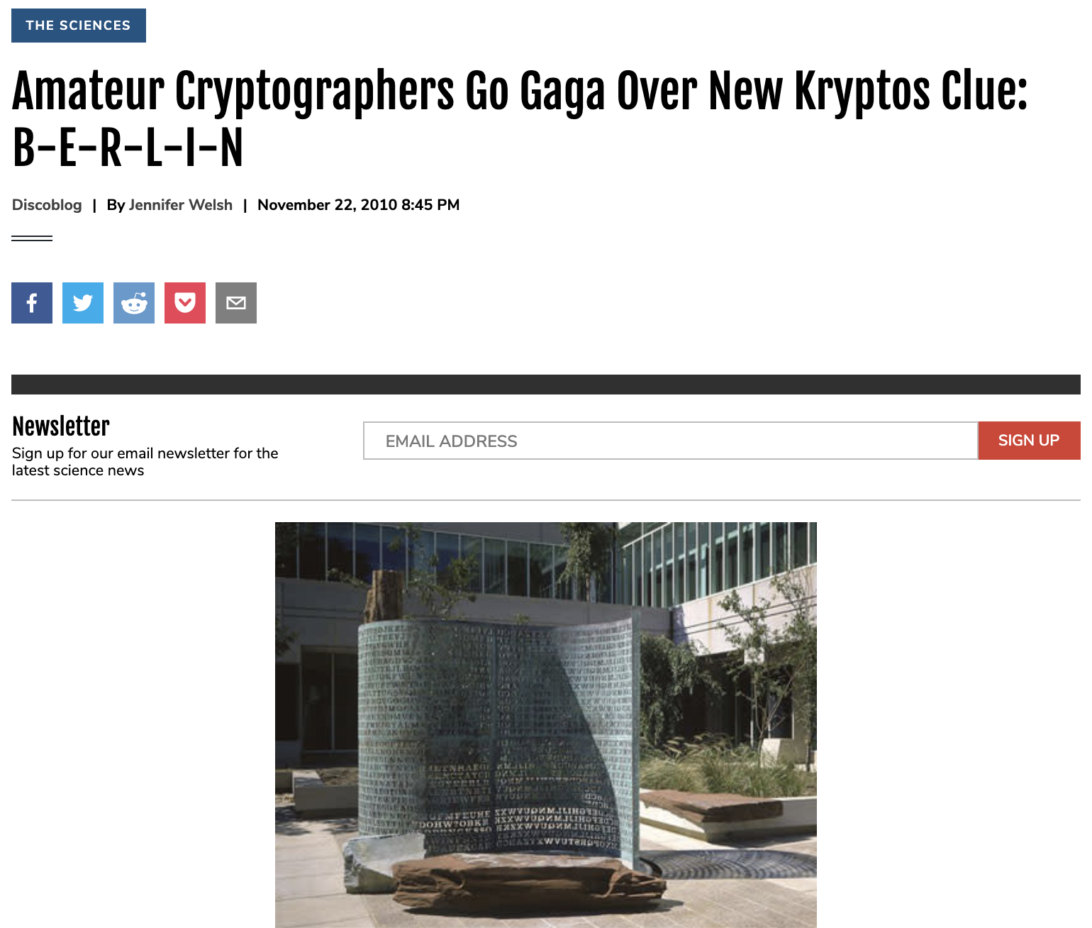 Amateur Cryptographers Go Gaga Over New Kryptos Clue: B-E-R-L-I-N