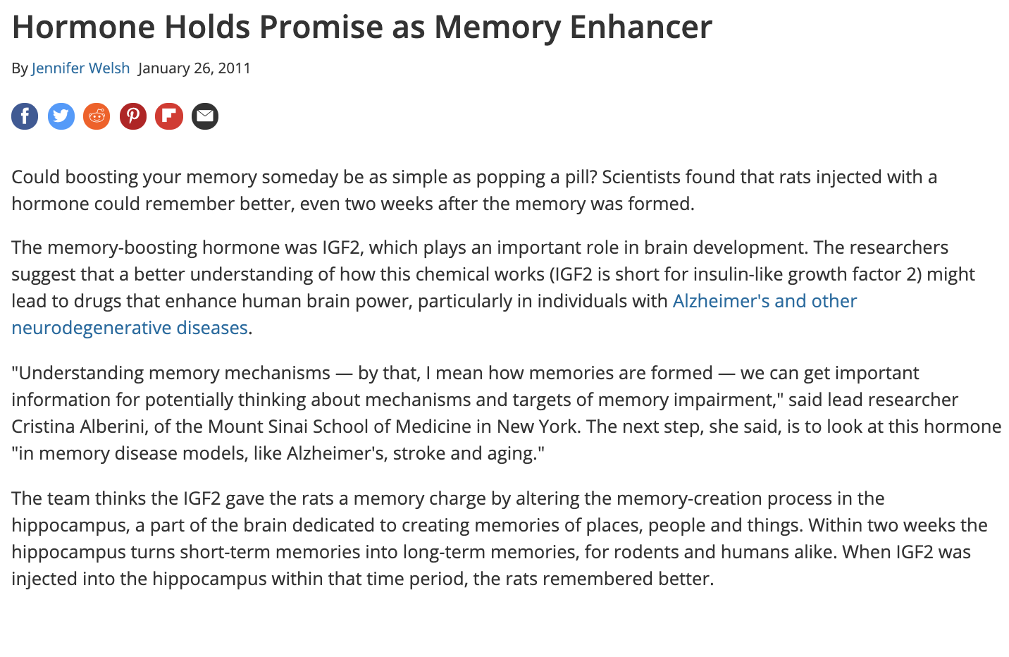 Hormone Holds Promise as Memory Enhancer